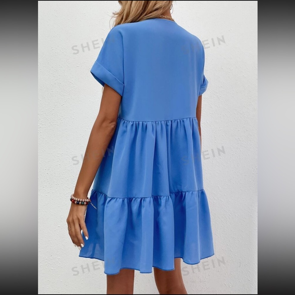 LUNE Roll Cuff Ruffle Hem Solid Dress - Picture 4 of 6